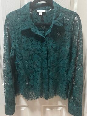 NWT  ON 34th  Forest Green Lace Button-Up Blouse